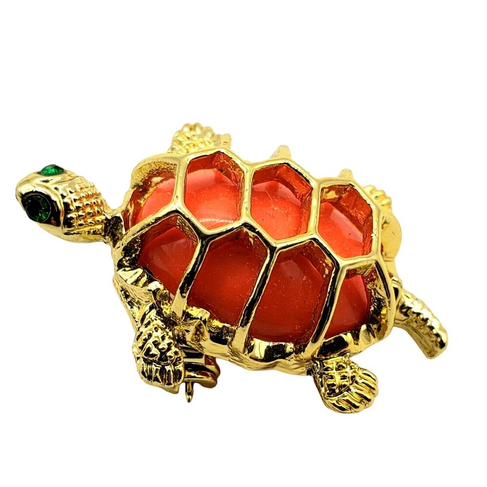 Gerrys Turtle Brooch Small Orange Lucite Tortoise Pin Vintage Signed Green Eyes